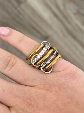 Mixed Metal Stacked Crystal Band Ring - Gold and Silver